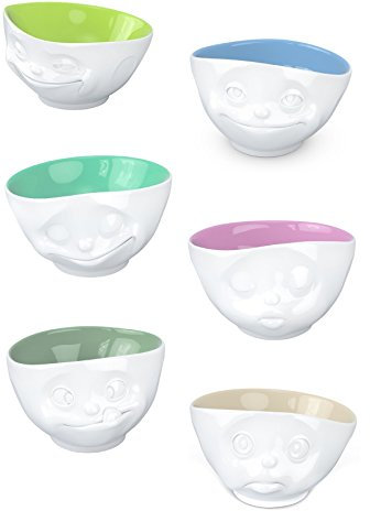 Fiftyeight Tassen Müslischalen Set 6tlg innen farbig 500ml :GRINSEND, GLÜCKLICH, SCHMOLLEND, KÜSSEND, VERKNALLT, LECKER