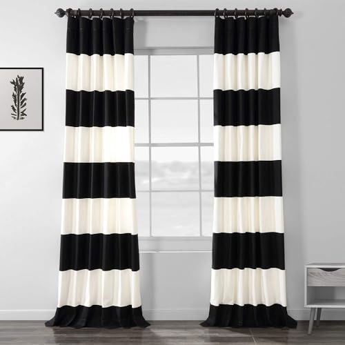 HPD Half Price Drapes Horizontal Striped Printed Curtains Cotton Curtains, 84 Inches Long (1 Panel) Room Darkening Window Curtains for Bedroom & Living Room, 50W x 84L, Black and Off White