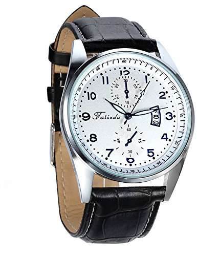 Avaner Herren Kalender Uhr Analog Quarzwerk mit Leder Armband Arabische Ziffern Schwarz 01P-37