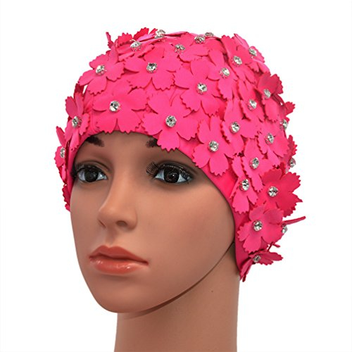 Medifier Cuffia da nuoto in stile rétro con strass e motivo floreale, da donna, donna, Rose Red, one size fit all