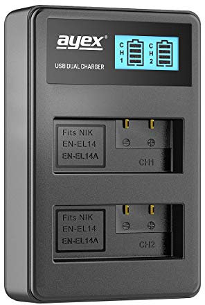 ayex Caricatore USB Dual compatibile con batterie Nikon EN-EL14, ad esempio D3100, D3200, D3400, D5100, D5300, D5500, ricarica tramite USB, ad esempio laptop e power bank con indicatore di carica LCD