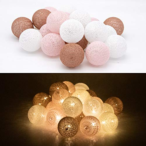 Tronje 20 LED Baumwollkugeln 6cm - 3,8m Kugel-Lichterkette 4h-Timer batteriebetrieben Lichterkugeln Braun-Rosa