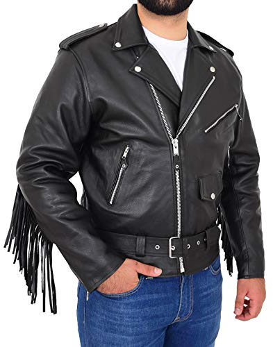 A1 FASHION GOODS Herren Schwarz Kuhfell Biker-Jacke Mit Lederfransen Gürtel Quasten Brando Mantel Bill (L - EU 50)