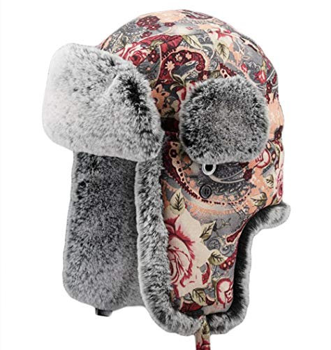Cozomiz Wintermütze Warme Fliegermütze with Ohrenschützer für Herren Damen Fellmütze Kunstfell Russenmütze Pilotenmütze Hut Trappermütze Uschanka Blumendruck Pink Medium