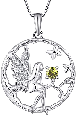 FJ Schutzengel Halskette Anhänger 925 Sterling Silber Engel Kette Damen Fee Schmetterling Baum des Lebens Halskette Peridot August Geburtsstein Kette Schmuck Geschenke für Frauen Mädchen