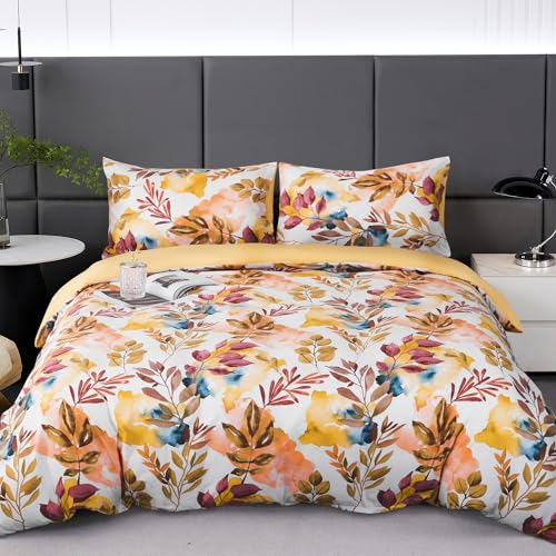 Parure de Lit Floral Microfibre à Motif Automne Branches et Feuilles, 1 x Housse de Couette 220x240 cm 2 Personnes et 2 x Taies d'oreiller 65x65 cm Moderne avec Fermeture Eclair, Jaune Moutarde