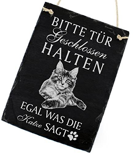 Schiefertafel Katze Deko Schild - Maine Coon - Bitte Tür geschlossen halten, egal was die Katze SAGT 16 x 22 cm Katzen Dekoration Zubehör Katzendeko