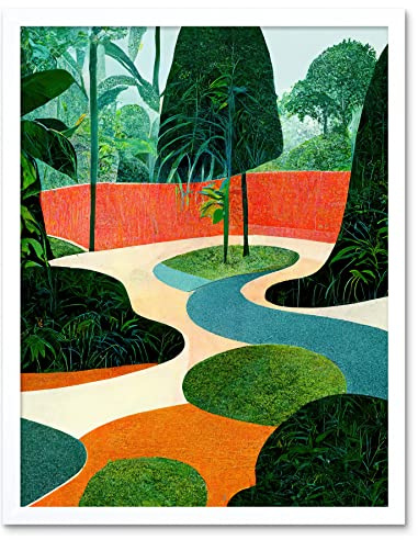 Wee Blue Coo Midcentury Style Garden Abstract Jungle Painting Orange Teal Green Art Print Framed Poster Wall Decor 12x16 inch
