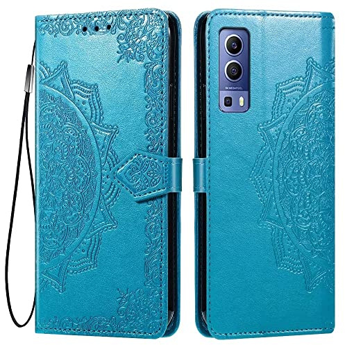 HONLEN Hülle für vivo Y52 5G / vivo Y72 5G Handyhülle, (6.58 Inches) Premium PU Leder Wallet Magnetverschluss Flip Case mit 3 Kartenfach,Mandala Muster Case Blau