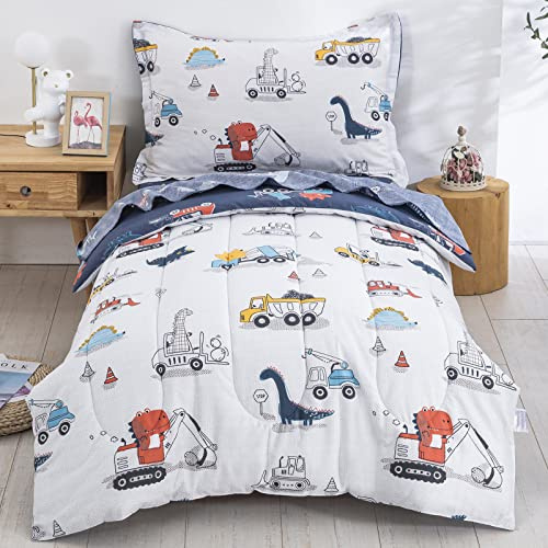 Cotton Toddler Bedding Set, 4 Piece Car Dinosaur Reversible Comforter Set
