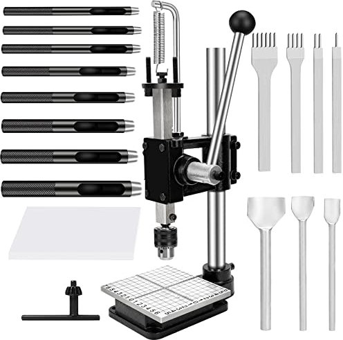Leather Press Leather Hole Puncher Upgraded Hand Punching Machine for DIY Leather Craft Punching Holes Cutting, Forming Pressing,Install Rivets and Snap Buttons(with Aluminum Plate and 16pcs Tools)