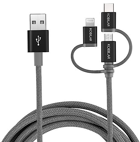 Kobilar 3 in 1 USB Cable Multi Fast Charging,3.3Ft,Apple MFi Certified,USB A to Lightning/Type-C/Micro,Fishnet Braid Cord,Compatible with iPhone,iPad,Samsung Galaxy,Pixel,MacBook Pro/Air,Android