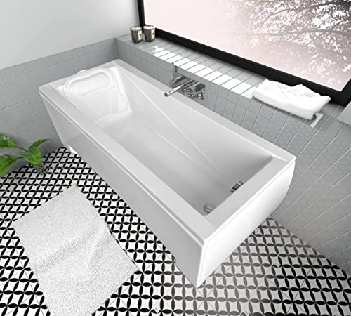 ECOLAM Badewanne Wanne Rechteck Modern Design Acryl weiß 140x70 cm + Schürze + Kopfkissen Mare + Ablaufgarnitur Ab- und Überlauf Automatik Füße Komplett-Set