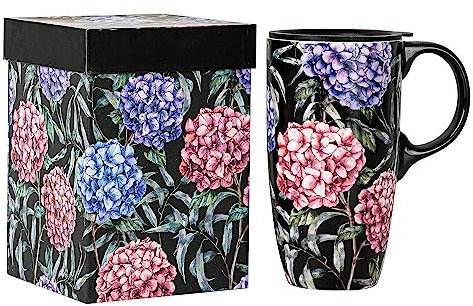 Topadorn Keramik-Kaffeetasse, Reisebecher, Geschenk mit Deckel, 500 ml, Porzellan, hohe Teetasse mit Griff für Zuhause und Büro, Hortensien-Kunstmuster-Becher in Geschenkbox, 16,5 cm hoch