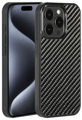 Molzar Grip Series for iPhone 15 Pro Case with Real Weave Carbon Fiber, Built-in Metal Plate for Magnetic Mount, Works with Qi-certified Chargers, Glossy Black/Weave