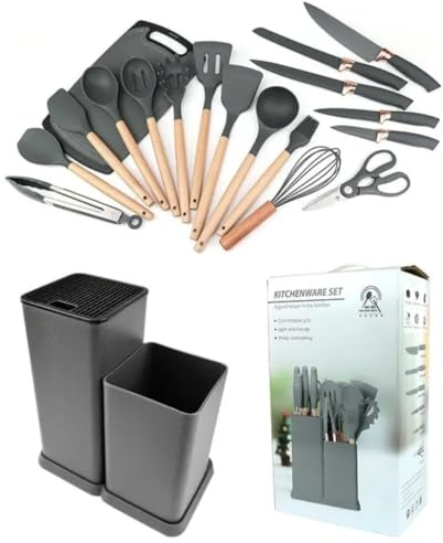 Utensilios de Cocina de silicona. Set de 19 Piezas - Incluye 5 Cuchillos Versátiles, Tijeras, Pinzas, Tabla de Cortar y 10 accesorios de Cocina de Silicona. Antiadherentes. Organizador incluido.
