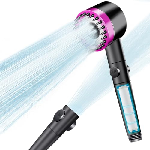 Wassersparend Hochdruck Duschkopf mit Filter, Massage Handbrause mit 3+1 Strahlarten, Regendusche mit Stoppfunktion (Rosa)