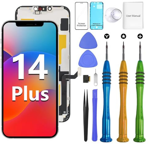 iPhone 14plus Bildschirm Ersatzset 6,7 LCD Display 3D Touch IPS FHD COF Komplettmontage Edelstahl Reparaturset Wasserdichter Rahmenaufkleber + Bildschirm Schutzfolie für A2886, A2632, A2885, A2896