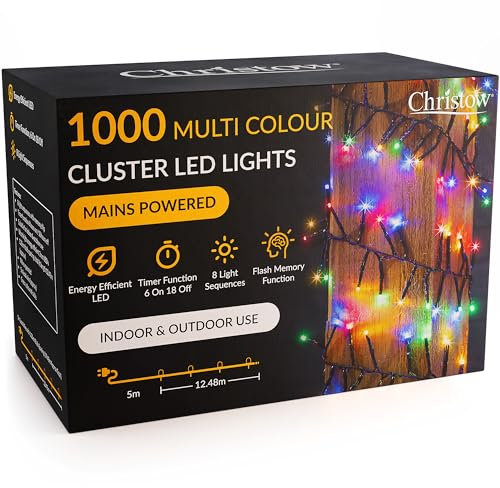 Christow 1000 LED Cluster Christmas Tree Lights, Multi-Coloured Fairy Lights with Timer, 8 Light Modes, Energy Efficient 3mm Micro LEDs, Indoor & Outdoor, Mains Powered, Green Cable, 12.48m Lit Length