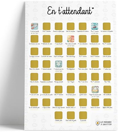 Affiche En t'attendant à gratter - Format A3 - Encre à gratter dorée agréable et sans traces - 52 moments de la grossesse à immortaliser avant la naissance de bébé - Idée cadeau future maman