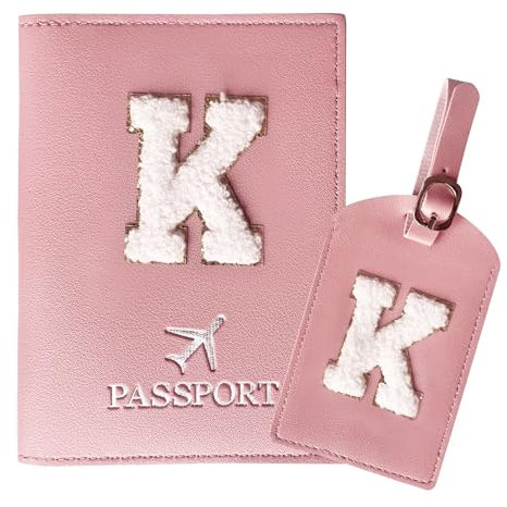 ZVRSUA Reisepasshülle Rosa und Kofferanhänger Set mit Buchstabe K, Passport Hülle Reise Gadgets und Travel Essentials Hülle Reisepass,Geschenk für Frauen/Teenager/Mädchen/Kind(K)