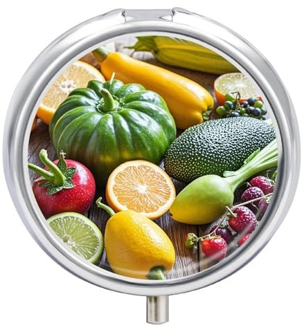 Runde Pillendose, frisches Obst und Gemüse, bedruckt, 3 Fächer, kleine Pillendose, tragbarer Reise-Pillenbehälter für Nahrungsergänzungsmittel, Vitamine, Fischöl, Medikamente
