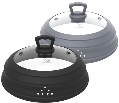 Microwave Splatter Cover Vented Glass Splatter Guard Lid with Collapsible Silicone for Food as Pot Cover 11.8 inch Large Cover 2 Pack