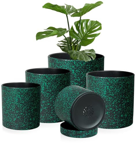 Homeuouz 5 Pack Plastic Plant Pots,17.5/15/14/12.5/10CM,Flower Pot Large Plant Pots Indoor Outdoor Plastic Plant Pot with Drainage Holes and Tray for House Plant Flower(Black with Green Speckles)