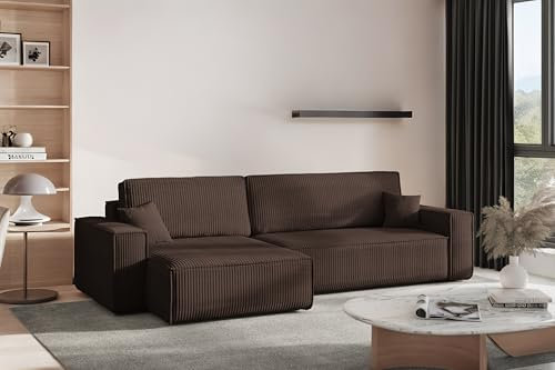 Kaiser Möbel - Ecksofa mit Schlaffunktion - Big Sofa - 274 x 142 cm - Cord Stoff, L Form, XXL, mit Bettkasten - Große Liegefläche 230 x 140 cm - Eckcouch, Wohnlandschaft - Best XL Links, Braun