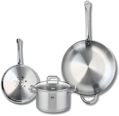 ELO 9504950 Kochgeschirr-Set, 3-teilig, 2 Bratpfannen 24 und 32 cm und 1 Kochtopf 20 cm Elo Profi, Citrin, Edelstahl, Induktion