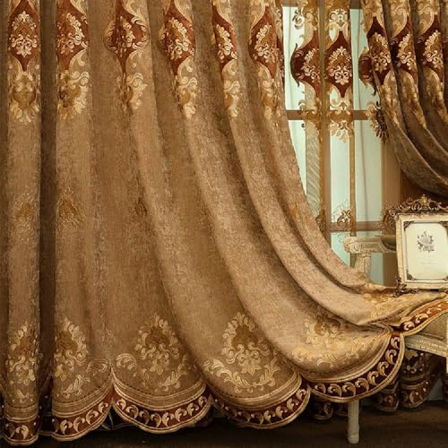 Amidoudou Bestickte Vorhänge für Wohnzimmer, Schlafzimmer, Chenille-Vorhänge, europäisch, 1 Paar (Kaffee, 130 x 240 cm)