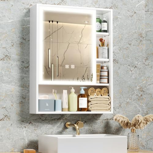 Untimaty Bathroom Mirror Cabinets Wall Mounted - Expanded Spacious Storage HD Mirror Cabinet with 3-COLOR & Dimming LED Lights Anti Fog Memory Function - Adjustable Shelves, Touch Sensor,535*700*150mm