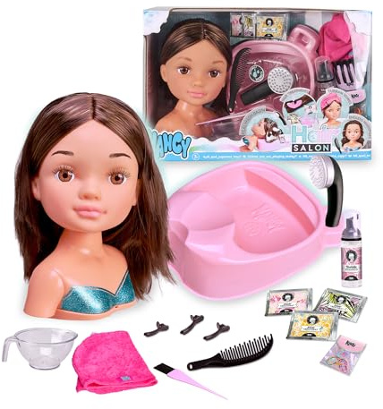 Hair Salon - Busto Morena con Lavacabezas Funcional, Incluye Champú Especial, Tratamientos, Mascarillas, Toalla Turbante, Peine y Gomas para Crear Infinitos Peinados, +3 años, Famosa (NACB2000)