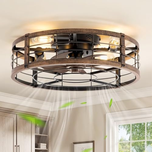 LEDIARY 20 Caged Ceiling Fan with Light and Remote, Low Profile Flush Mount Fandelier, Black Gold Bladeless Enclosed Small Fan Lights Ceiling Fixtures, Rustic Farmhouse Style for Bedroom, Outdoor