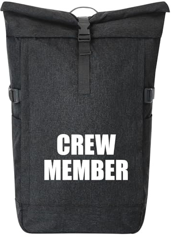 Huuraa Kurierrucksack Crew Member Schriftzug 30-44 Liter Black Melange Fairtrade Rolltop Rucksack Geschenkidee