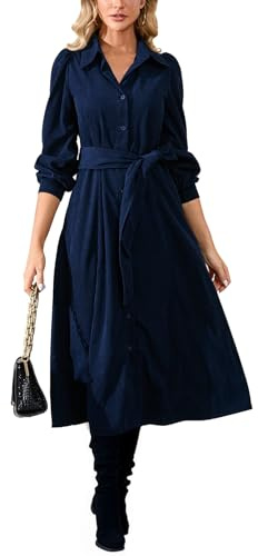 YEXPINE Damen-Midikleid aus Cord, langärmelig, Knopfleiste, Gürtel, fließendes Hemdkleid mit Taschen