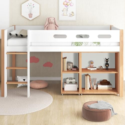 Huayz Hochbett Kinderbett 90x200 cm mit Beweglichem Schrank, Bett mit Dreistufiger Leiter und Absturzsicherung, Freiraum unter dem Bett, Kiefer+MDF, Weiß+Natur