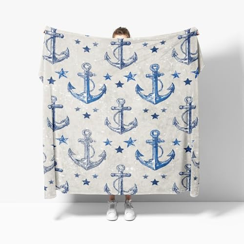 Kuscheldecke Flauschig Weiche Flanell Fleecedecke L 100x130 cm - Maritimer Ankerdruck Wohndecke Warm Sommerdecke Sofadecke, Blau Und Weiß Tagesdecke für Erwachsene Kinder Schlafzimmer