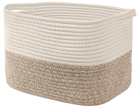 Pomodee Canasta de Cuerda de Algodón,Cesta de Almacenaje Tejida,34x28x24 cm | Cesta Mimbre, Trenzada con asa, Cestas de Almacenaje para salón, dormitorio, baño, cocina, armario, Blanco Marrón