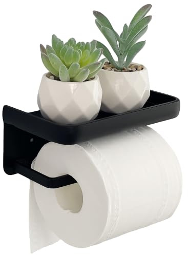 Toilettenpapierhalter ohne Bohren Schwarz Matt & Ablage (266g Alu) – Selbstklebend Klopapierhalter & Toilettenrollenhalter für Feuchttücher – Toilet Paper Holder Wandmontage (Klebepad & Schrauben)