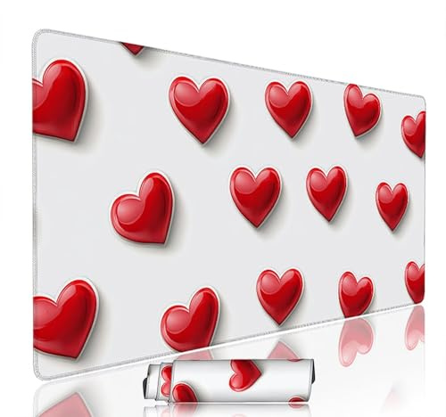 Mauspad xxl 700x300x3mm Schreibtischunterlage Gaming Mauspad Weiß Gaming Zubehör Rote Herzen Desk Mat Mauspads Groß mit Genähten Kanten, Nicht Rutschender Unterlage WassXerdicht für Office PC w-8092