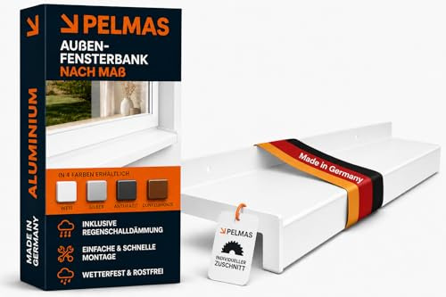 PELMAS Premium Alu Fensterbank Außen nach Maß, millimetergenauer Zuschnitt bis 2,5 m, inkl. Regenschalldämmung, Weiß RAL 9016, T x L | 30 x 80 cm