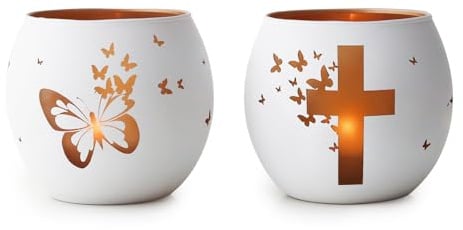 Religious Gifts Butterfly Cross Tealight Holders Set 2 White | White butterfly and cross tealight holders set of 2, ideal for Christian christening, confirmation, and memorial keepsakes