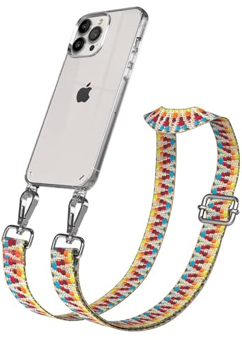 EAZY CASE Handykette - Verstellbares Taschenband kompatibel mit iPhone 13 Pro Max, Schulterriemen, Handykordel mit Silikon Hülle, Umhängetasche, Regenbogen Silber