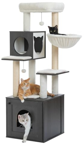 PAWZ Road 146cm Cat Tree with Litter Box Enclosure Large and Sisal Scratching Post, 57.5 Wood Cat Tower for Indoor Cats with Storage Cabinet, Cozy Condo and Repalcable Dangling Balls, Black | 57.5 Cat Tower for Indoor Cats with Storage Cabinet, Cozy Condo, Sisal Scratching Post and Repalcable Dangling Balls, Black
