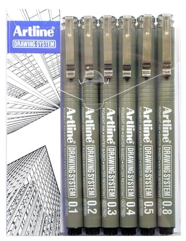 Artline Drawing System Pens EK-230 - Black (Wallet of 6) 0.1mm/ 0.2mm/ 0.3mm/ 0.4mm/ 0.5mm/ 0.8mm, Drawing Pens, Artist pens for drawing, sketching, and illustration