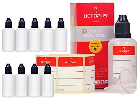 Octopus 10 x 50 ml Liquidflaschen mit Trichter + Etiketten, LDPE Plastikflaschen, Liquid Dosierflaschen, Tropfflaschen bzw. Quetschflaschen + schwarze Deckel