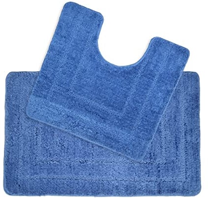 Allure Non Slip Bath Mat Set 2 Piece Bath and Toilet Mat Set - Easy Care Super Soft Microfibre Pile (Blue)