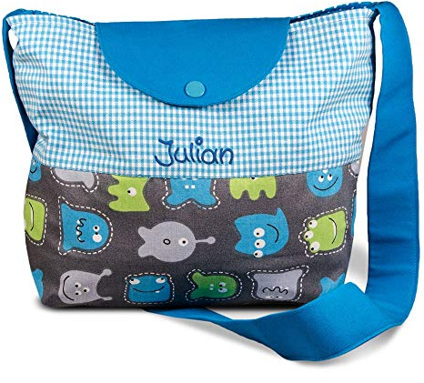 Kindergartentasche Monster und Schmetterling mit Namen Umhängetasche für Mädchen Jungen Kindertasche Tasche Freizeittasche Kindertasche, Farbe:türkis