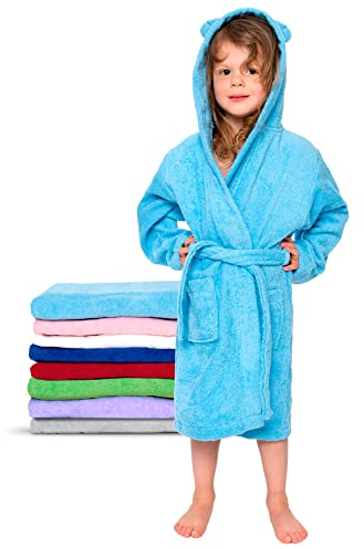 Twinzen - Peignoir Enfant Coton pour Fille et Garçon - 100% Coton Oeko-TEX® sans Produits Chimiques- 2 Poches, Ceinture, Capuche avec Oreilles,7-8 ans,Bleu